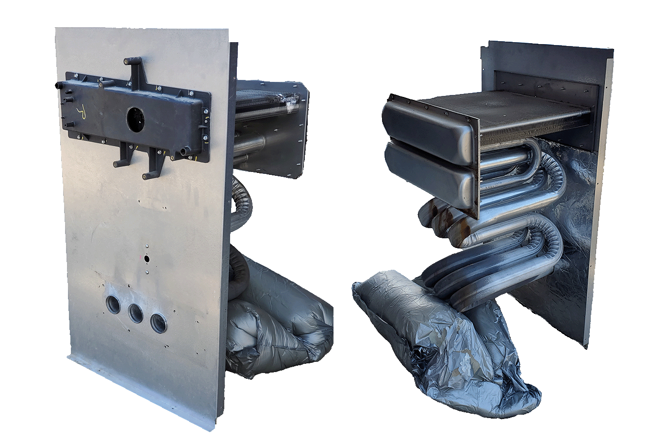 front and back photograph of high-efficiency heat exchanger