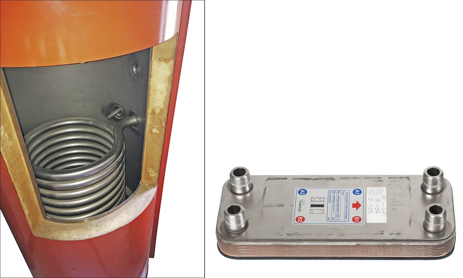 Two side by side images showing a cutaway of an indirect domestic water-to-water heat exchanger and a flat-plate water-to-water heat exchanger.