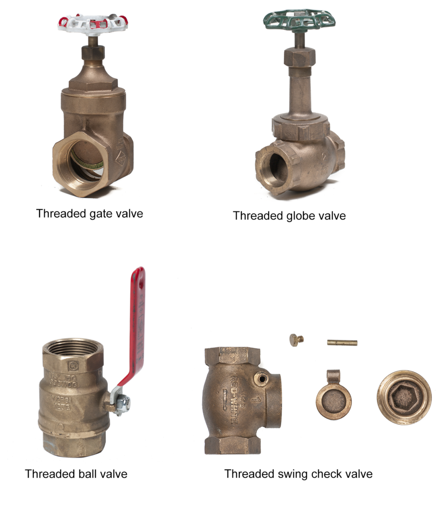 threaded gate valve, threaded globe valve, threaded ball valve, and threaded swing check valve photographs