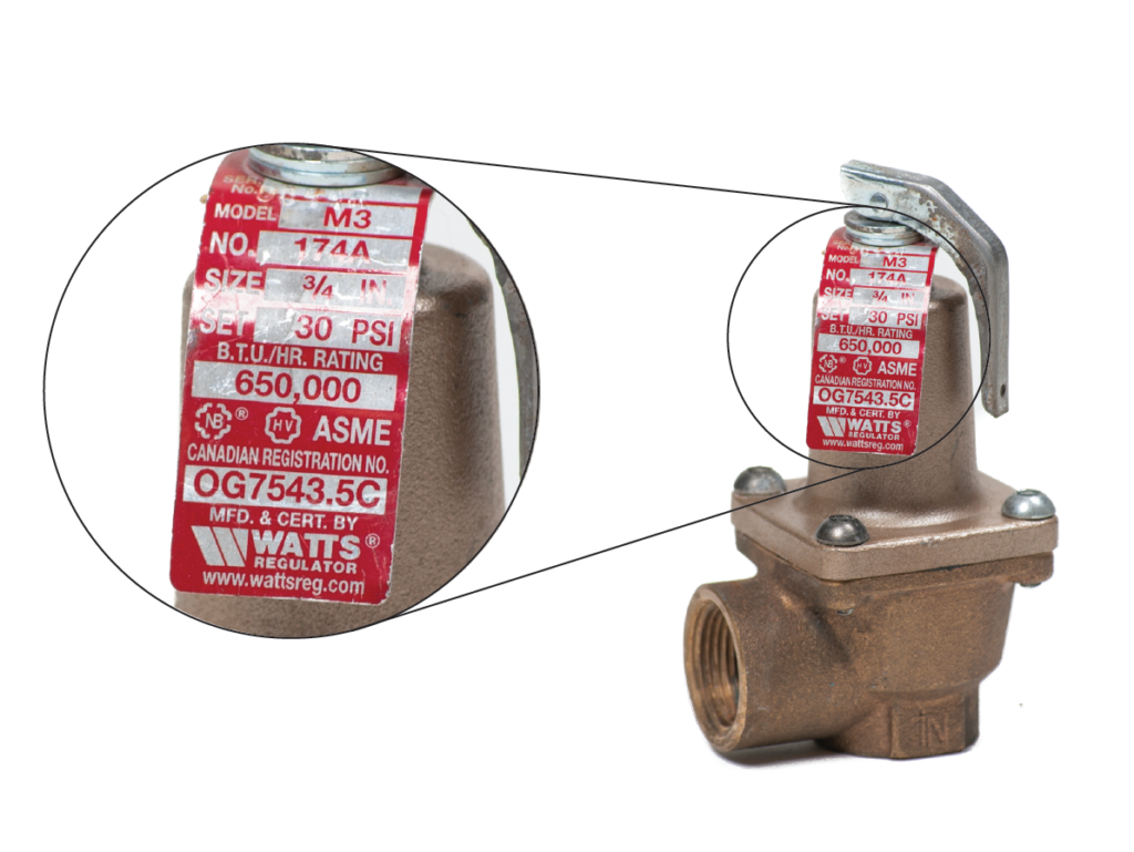 pressure relief valve and rating tag zoomed in